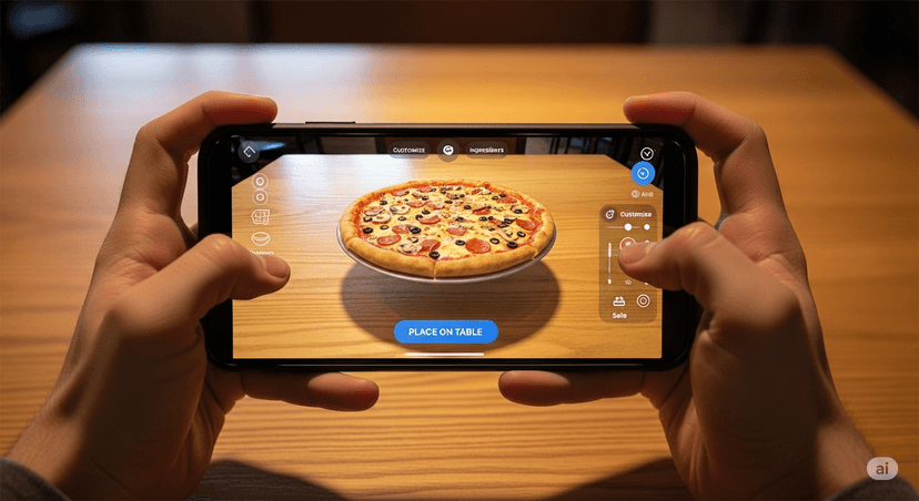 AR preview of a pizza floating above table